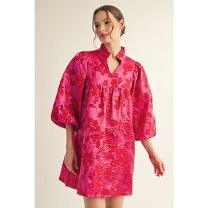 236. Pink and Red Floral Metallic Jacquard Dress With Pockets